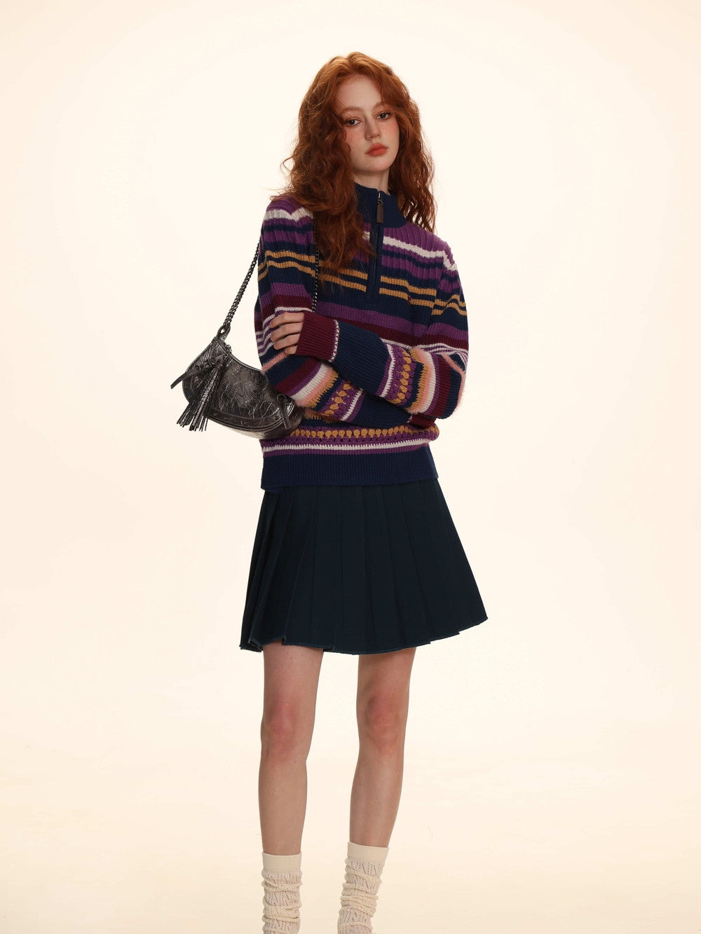Retro Colorful Knit With High-Neck Border - chiclara