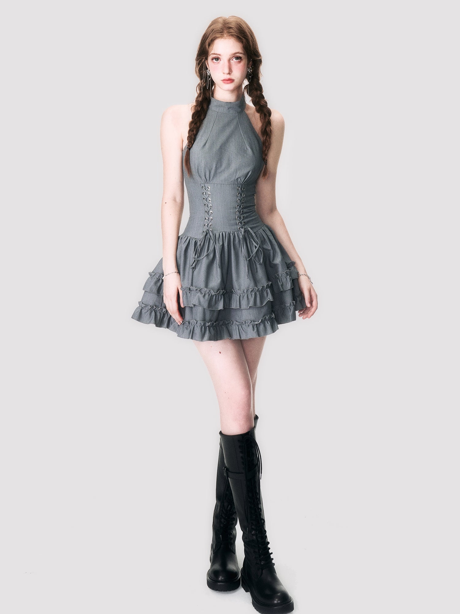 Elegant Lace-Up Frill Tiered Halter One-Piece Dress - chiclara