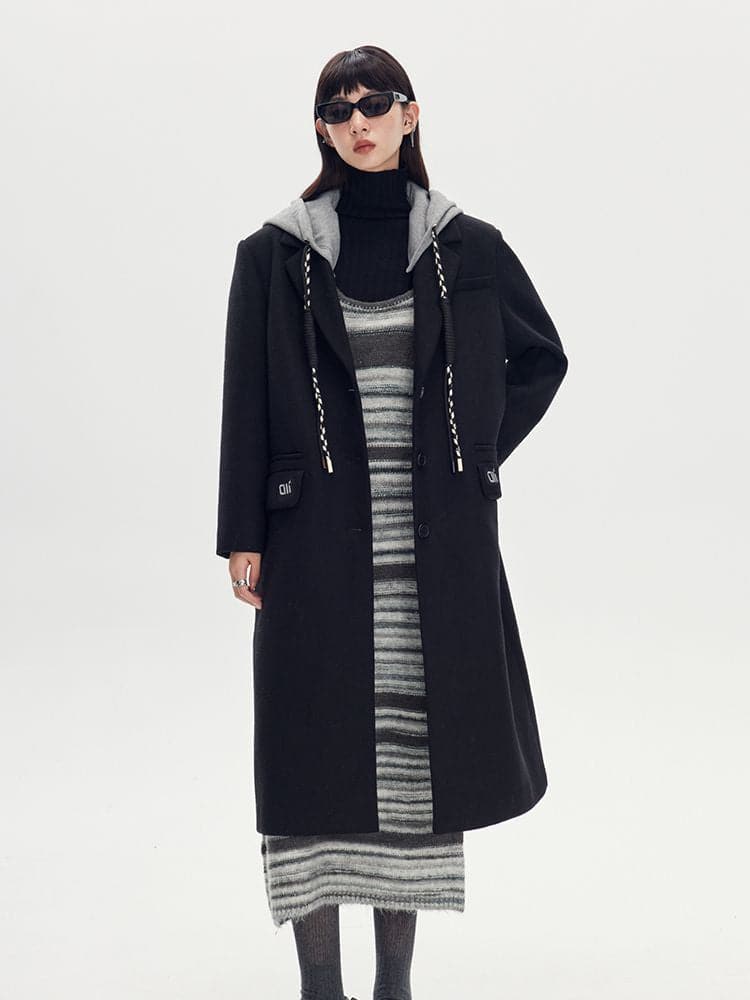 Long Casual Bi-Color Hooded Coat - chiclara