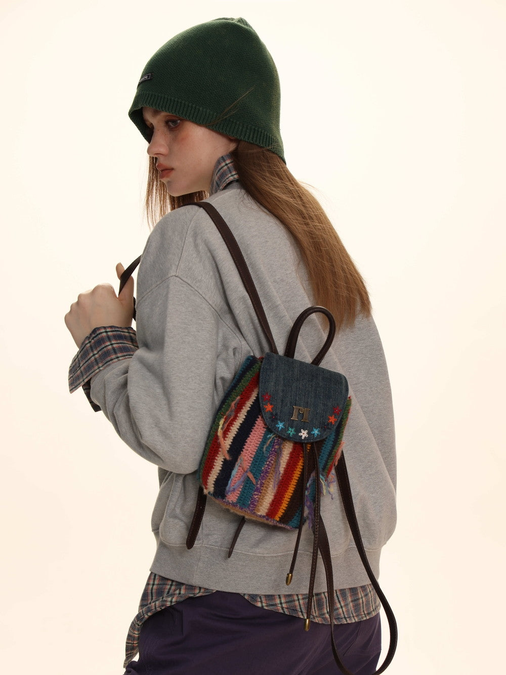 Floral Embroidered Knit Backpack With Protective Flap - chiclara