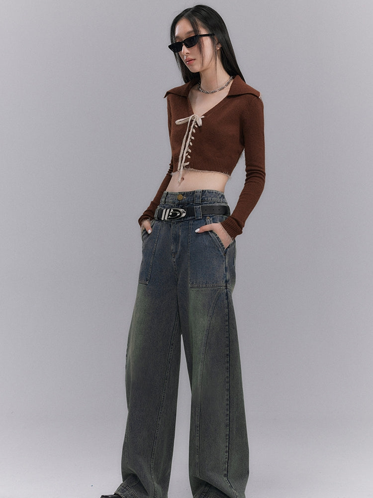 Retro Cropped Knit With Lace-Up V-Neck - chiclara