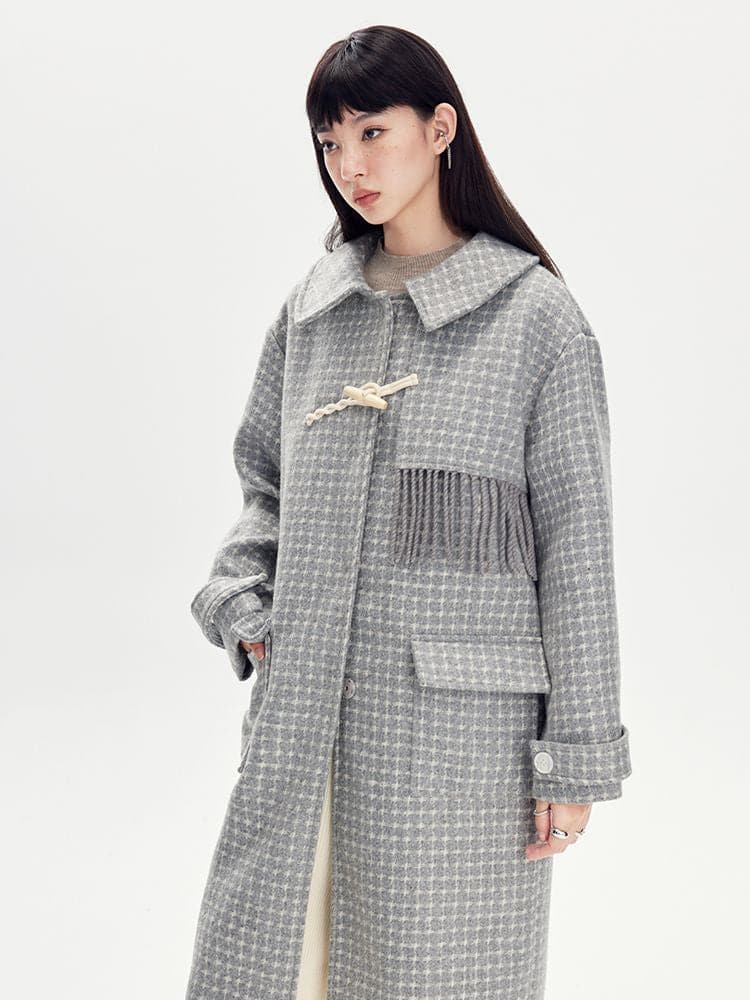 Checked Tassel Long Coat - chiclara