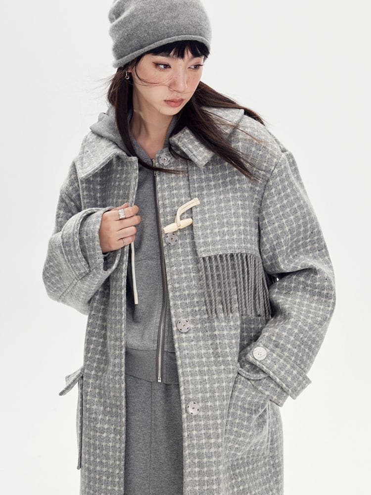 Checked Tassel Long Coat - chiclara