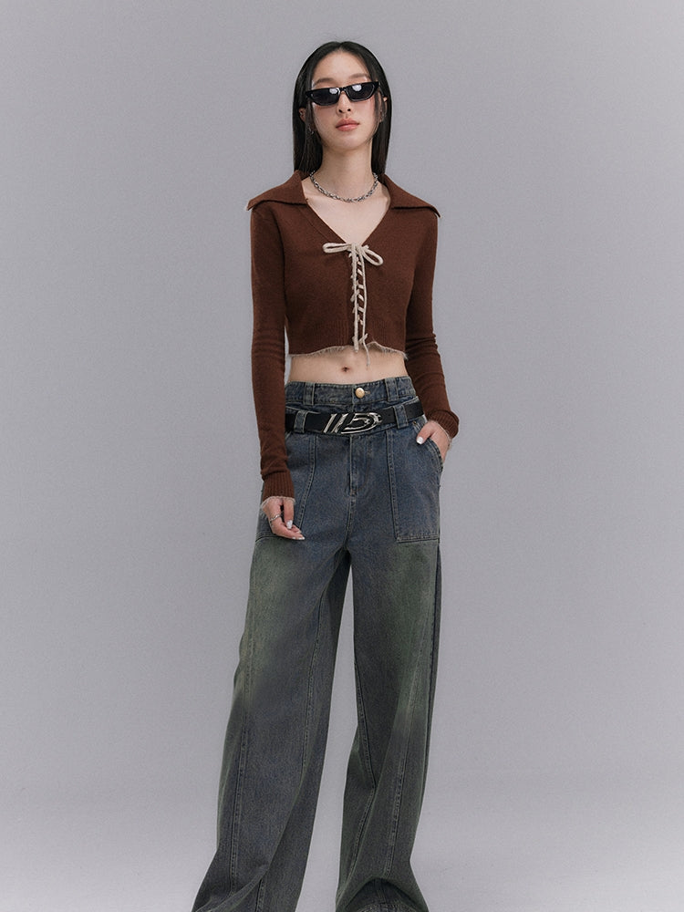 Retro Cropped Knit With Lace-Up V-Neck - chiclara