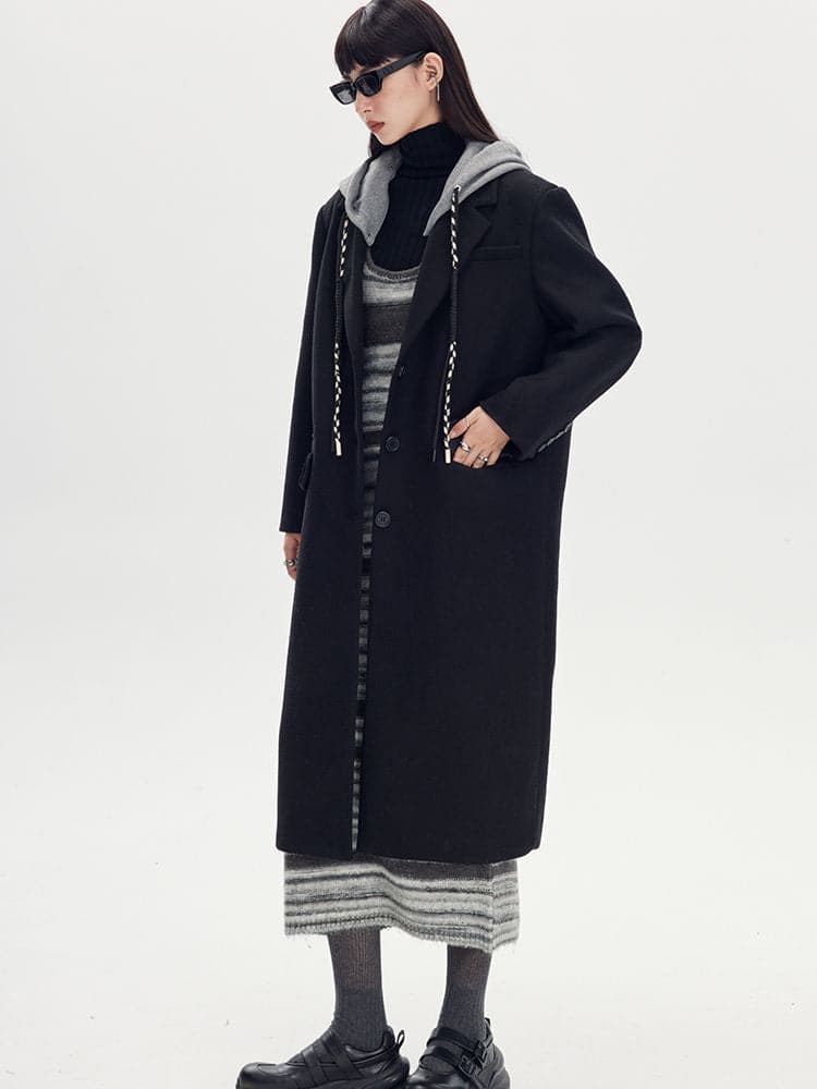 Long Casual Bi-Color Hooded Coat - chiclara