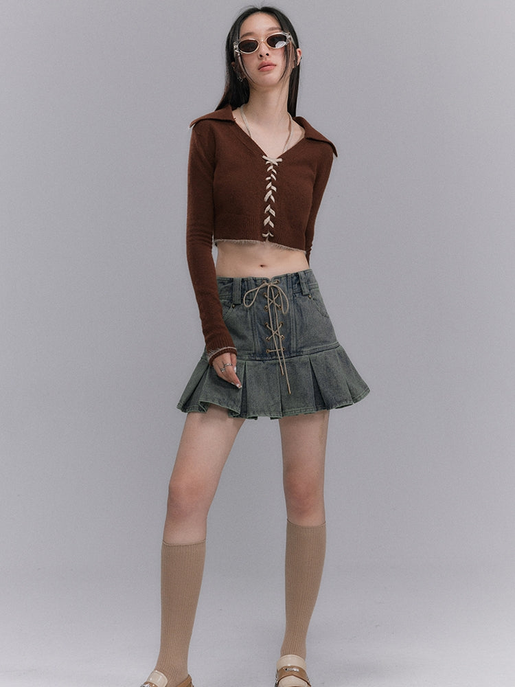 Retro Cropped Knit With Lace-Up V-Neck - chiclara