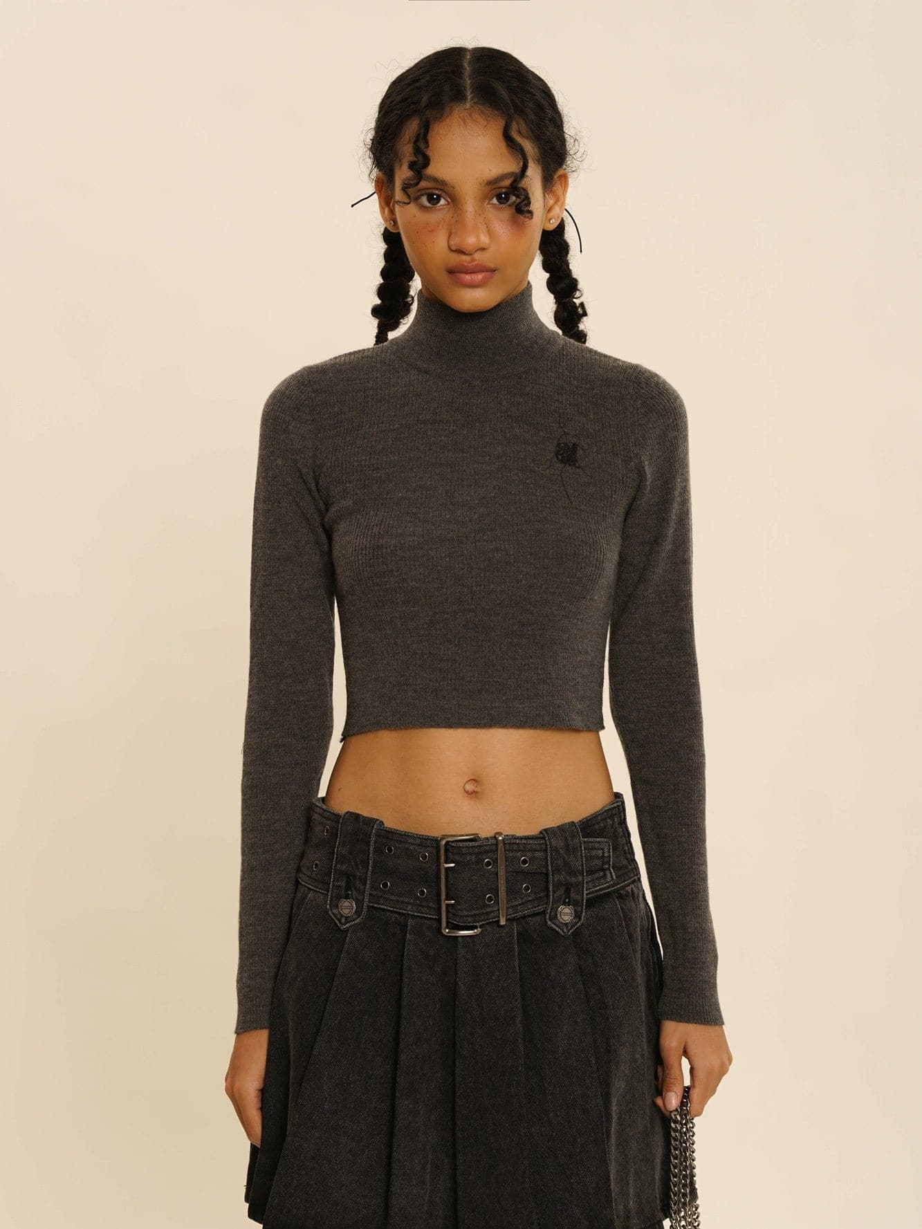 High-Neck Cropped Knit Sweater - chiclara