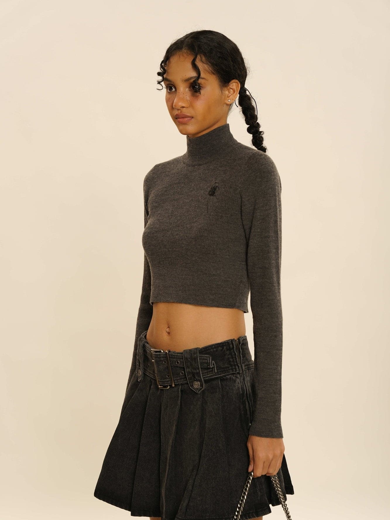 High-Neck Cropped Knit Sweater - chiclara