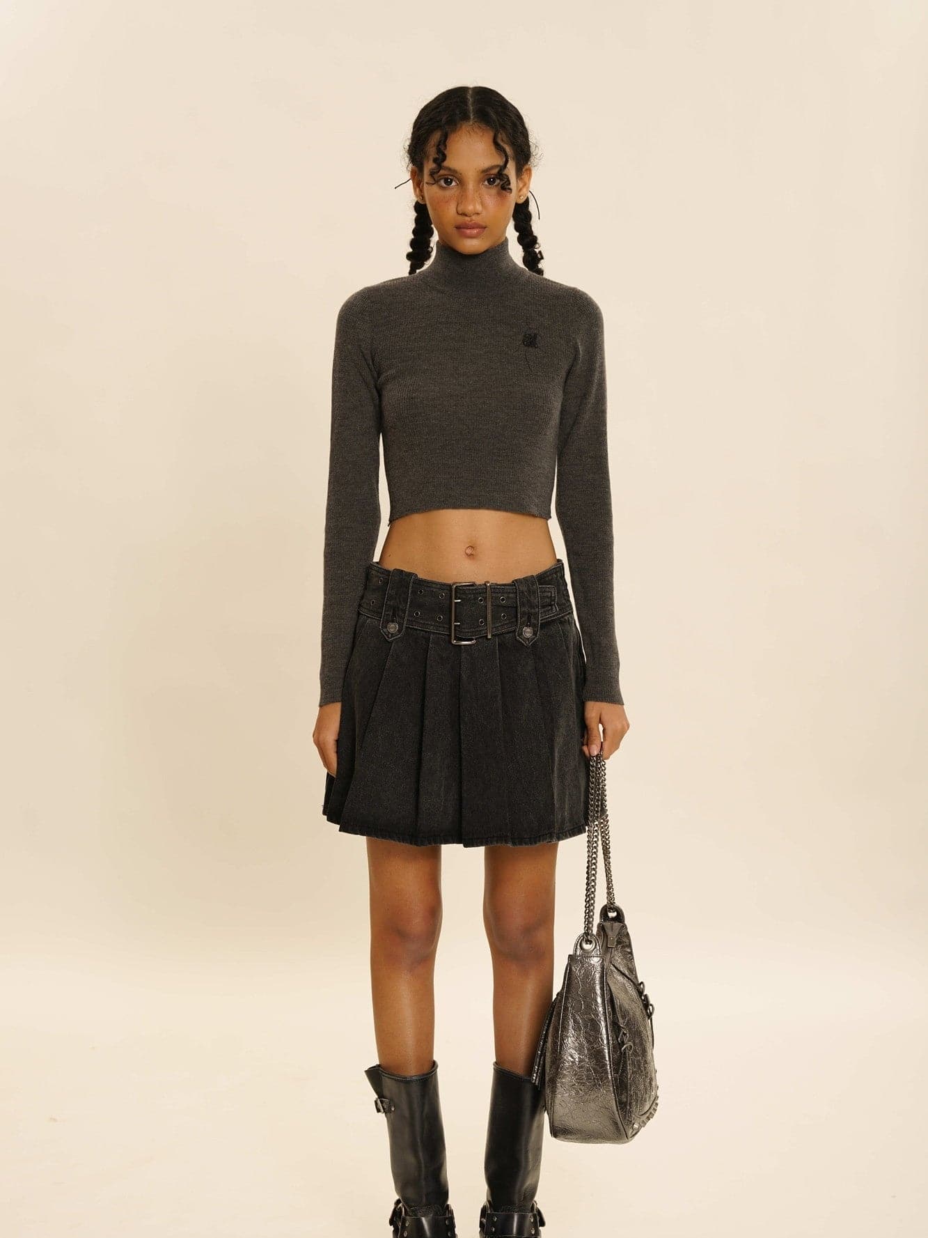 High-Neck Cropped Knit Sweater - chiclara