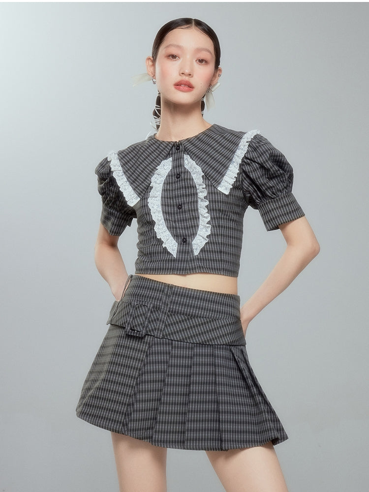 Girly Pleated Lace Blouse & Skirt - chiclara