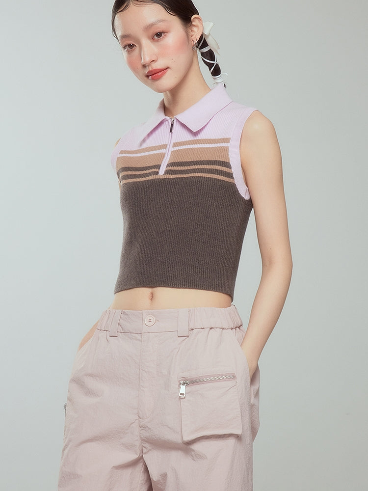 Summer-Knit Zip Polo-Neck Cropped Top - chiclara