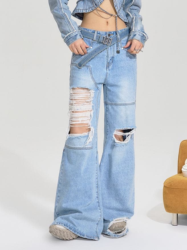 Damaged Wide Denim Jeans - chiclara