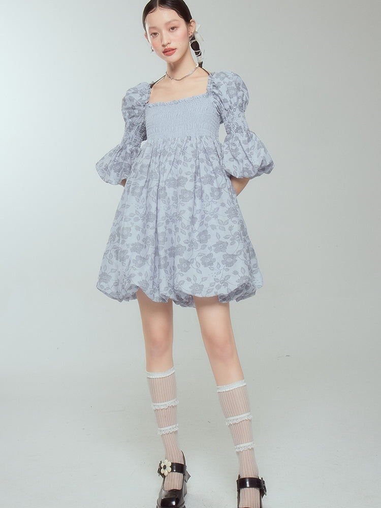 Retro Princess Puff-Sleeve Balloon Flower Dress - chiclara