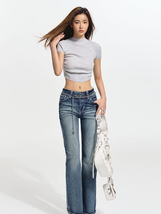 Faded Denim Straight Casual Jeans - chiclara