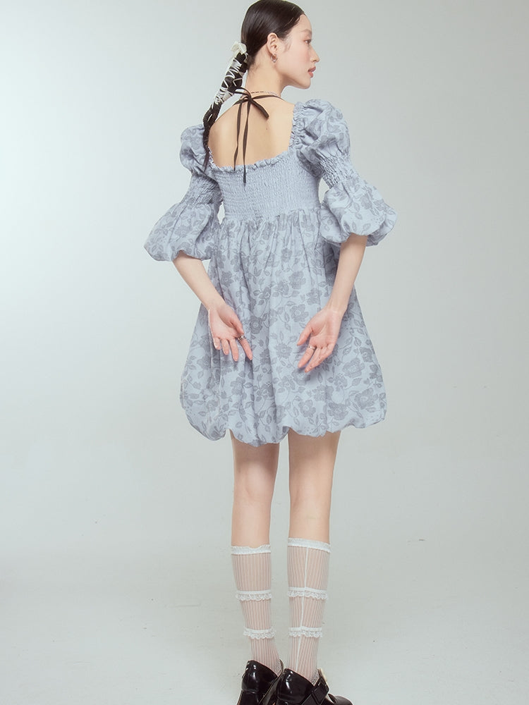 Retro Princess Puff-Sleeve Balloon Flower Dress - chiclara