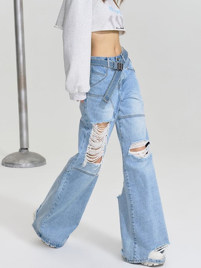 Damaged Wide Denim Jeans - chiclara