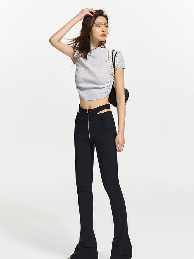 Cropped Bottle-Neck Tight Slim-Fit Casual T-Shirt - chiclara