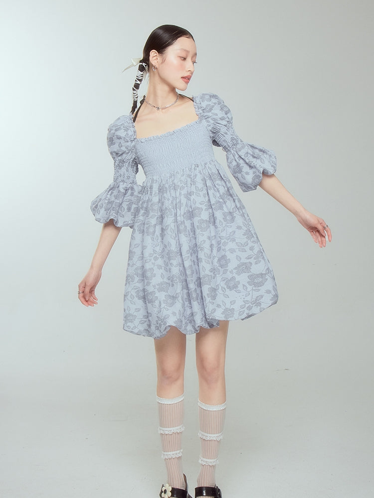 Retro Princess Puff-Sleeve Balloon Flower Dress - chiclara