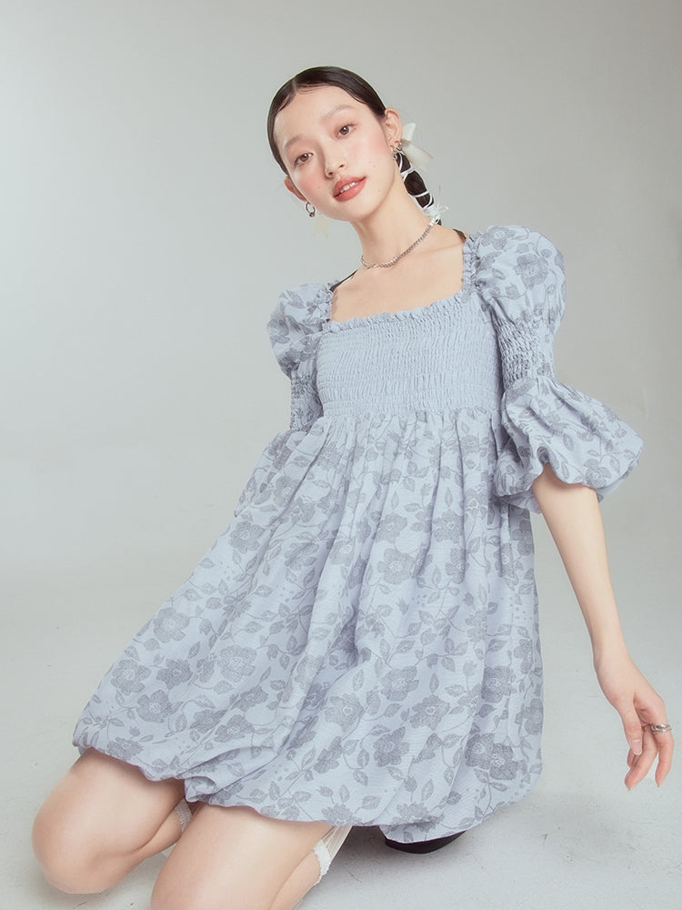 Retro Princess Puff-Sleeve Balloon Flower Dress - chiclara