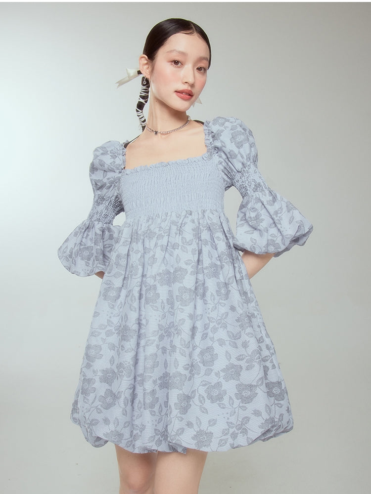 Retro Princess Puff-Sleeve Balloon Flower Dress - chiclara