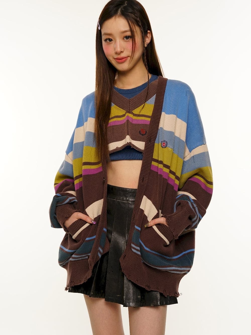 Oversize Unisex Colorful Knit Cardigan With Damage Border - chiclara