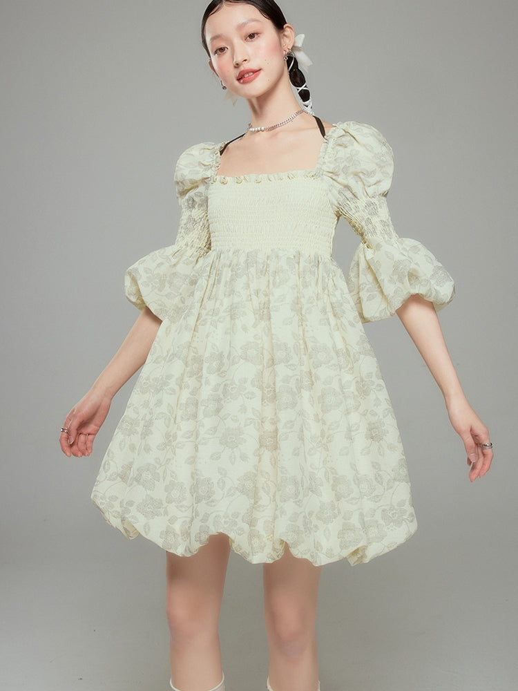 Retro Princess Puff-Sleeve Balloon Flower Dress - chiclara