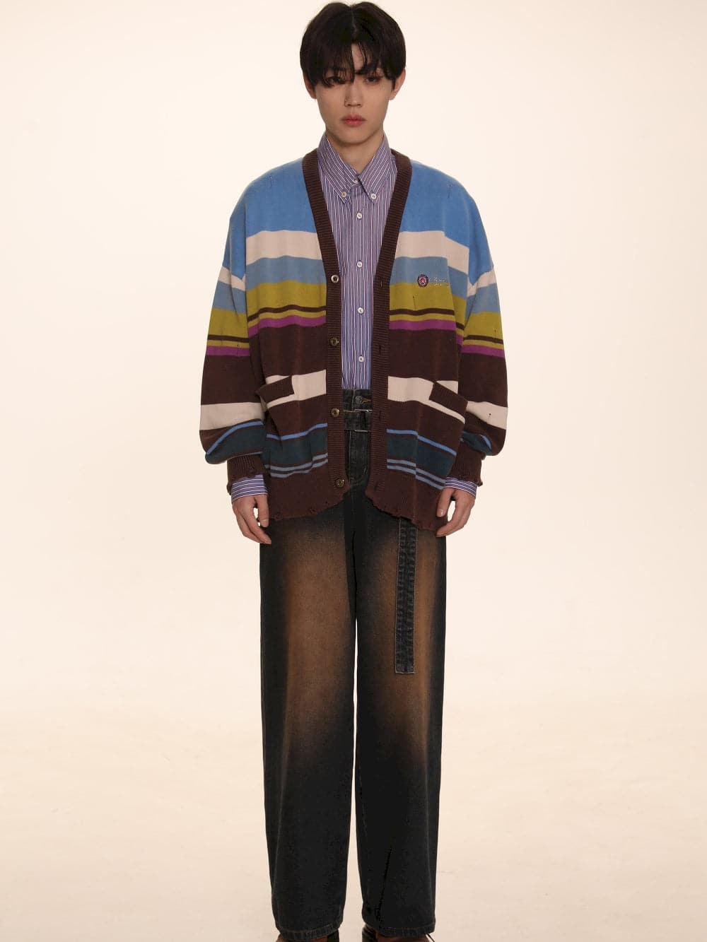 Oversize Unisex Colorful Knit Cardigan With Damage Border - chiclara