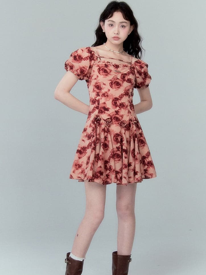 Square Collar Puff Sleeve Rose Print Dress