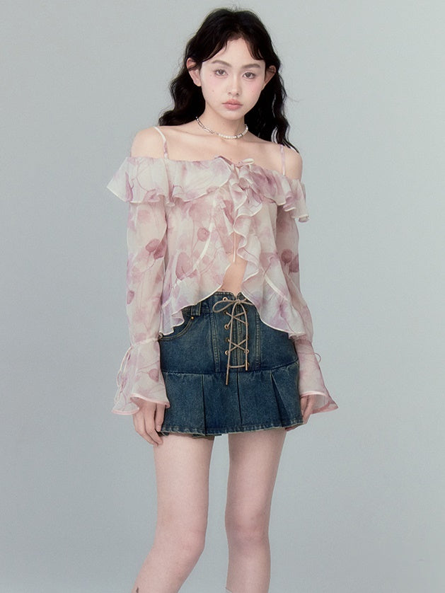 One Shoulder Trumpet Sleeve Chiffon Shirt With Lotus Leaf - chiclara