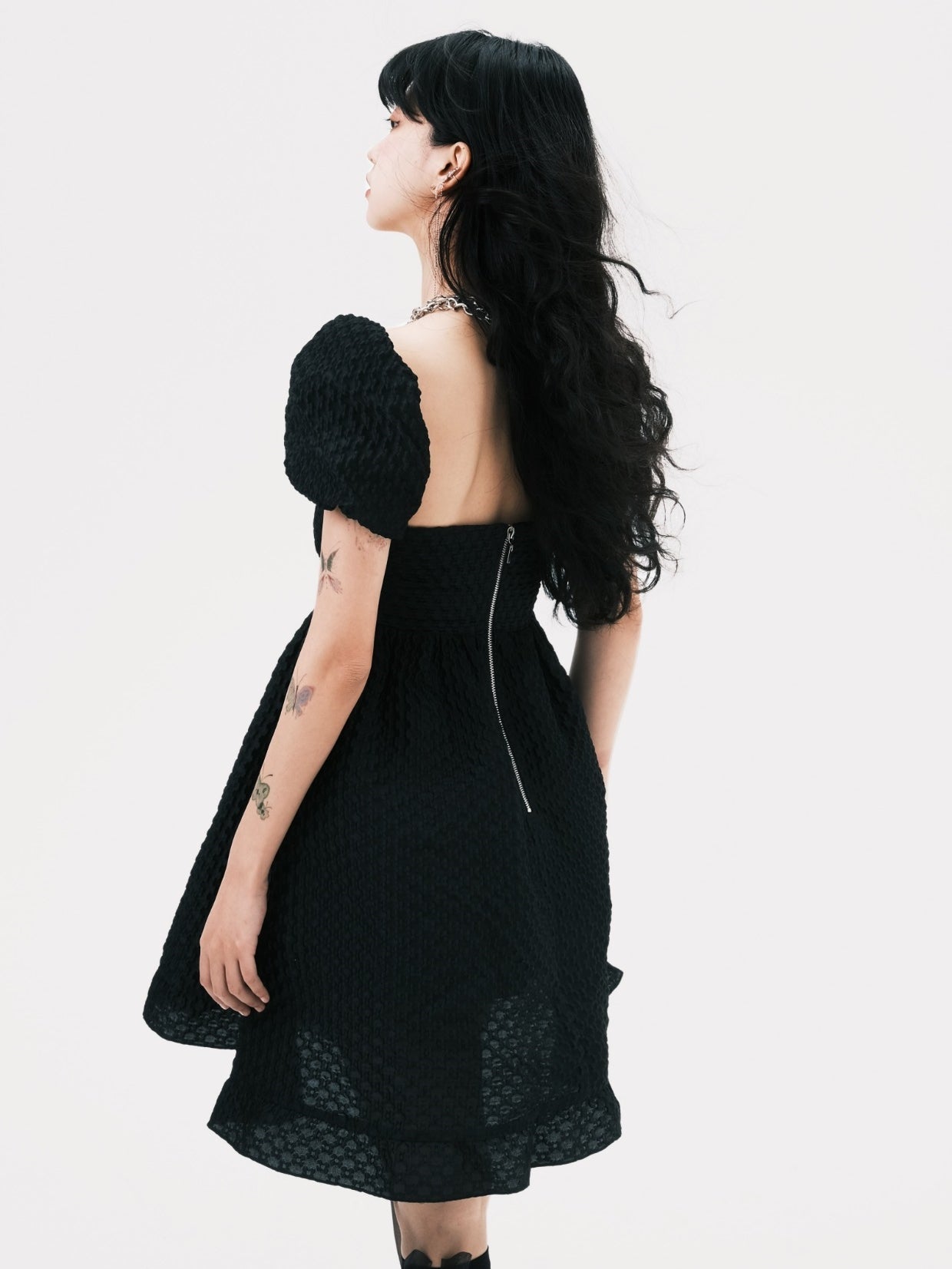 Elegant Square Neck Puff Sleeve Jacquard Dress - chiclara