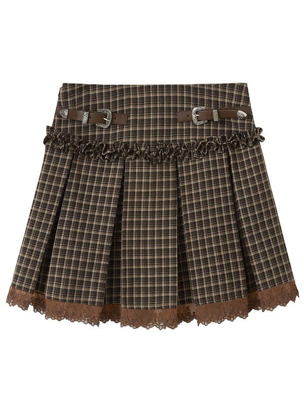 Lace Pleated Skirt With Belt Design - chiclara