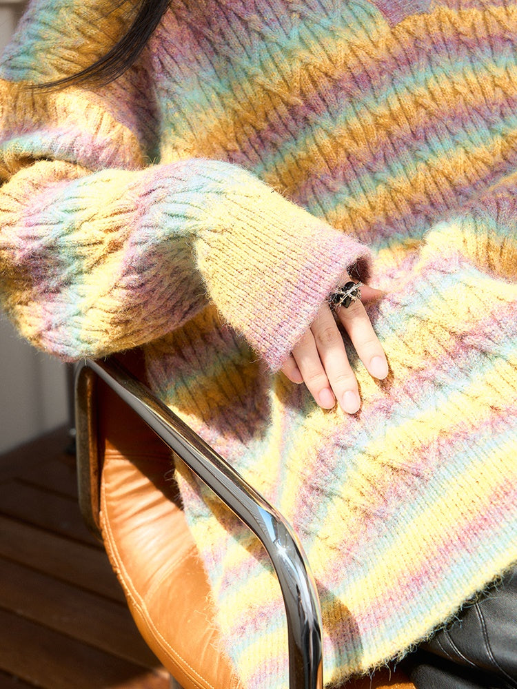 Gradient Rainbow Border Lapel Sweater - chiclara