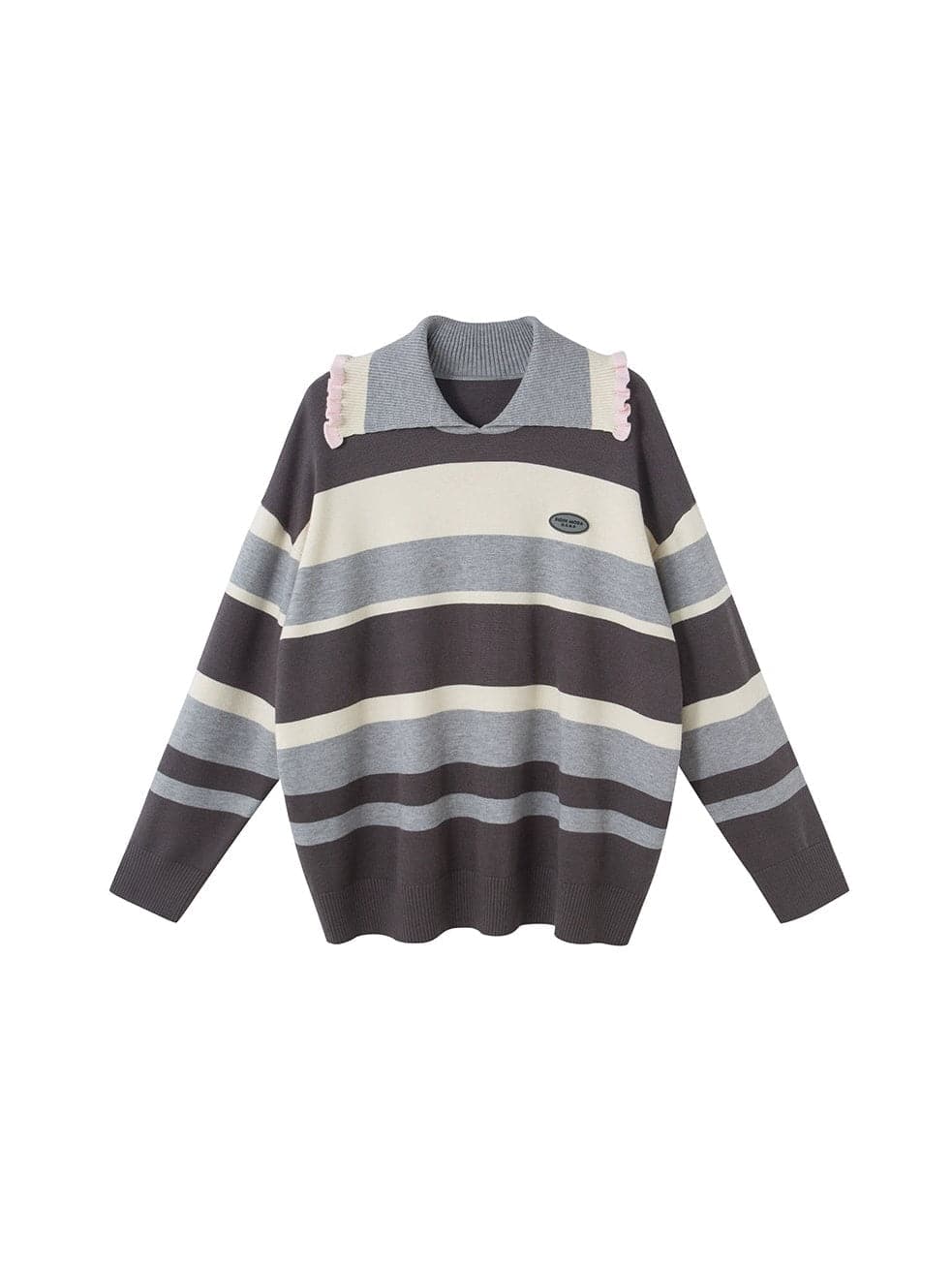 Contrast Border Frill Collar Loose Sweater - chiclara
