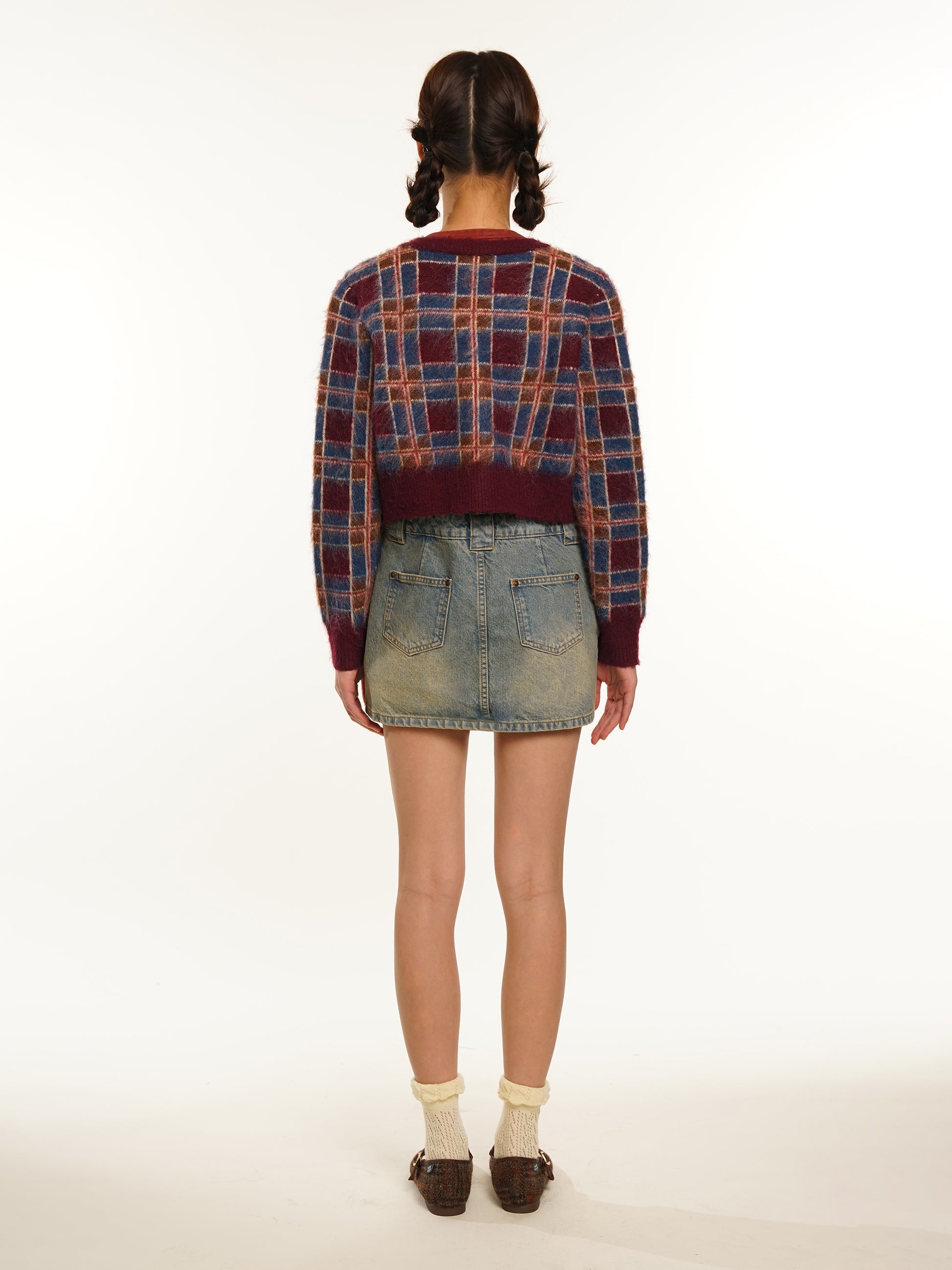 Knitted Plaid Short Cardigan - chiclara