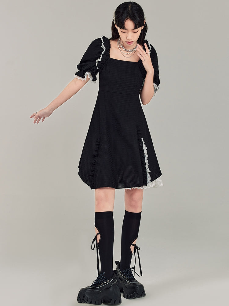 Puff Sleeve Black Square Neck Dress - chiclara