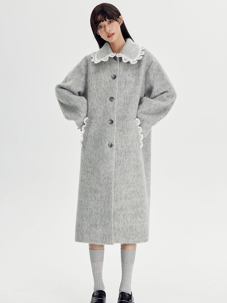 Wool Coat With Lace Lapel - chiclara