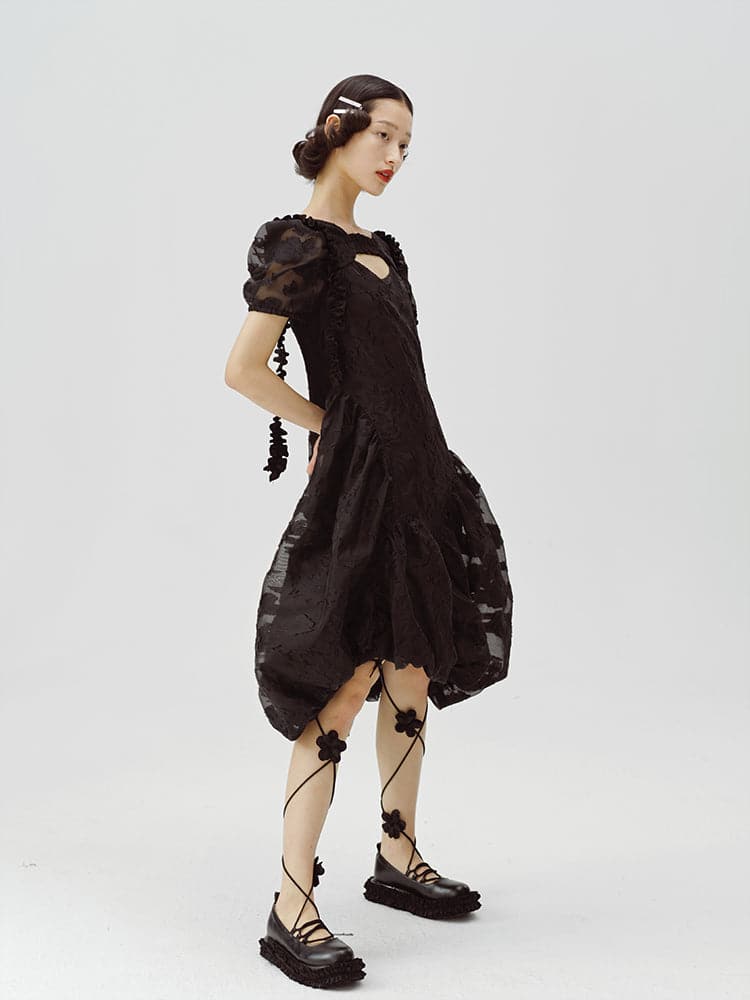 Black Irregular Flower Bud Dress - chiclara