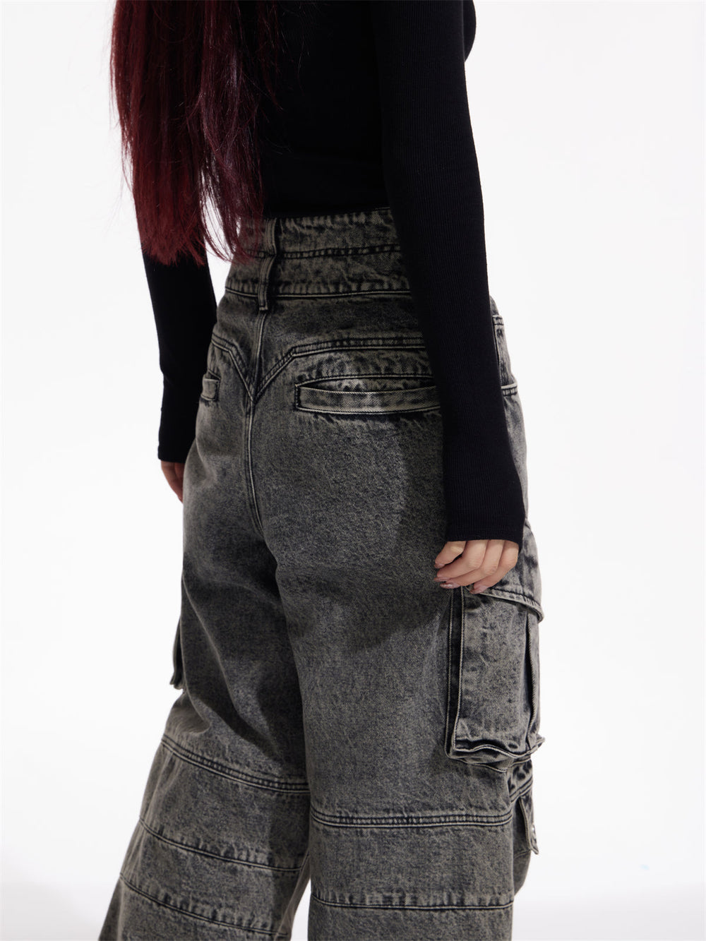 American washed multi-pocket jeans pants