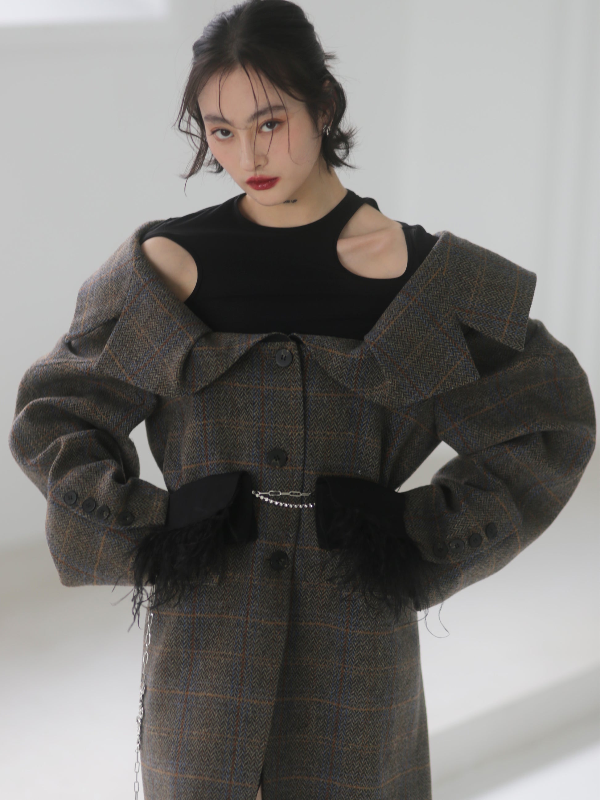 Plaid Wool Long Coat With 3D Generous Collar - chiclara