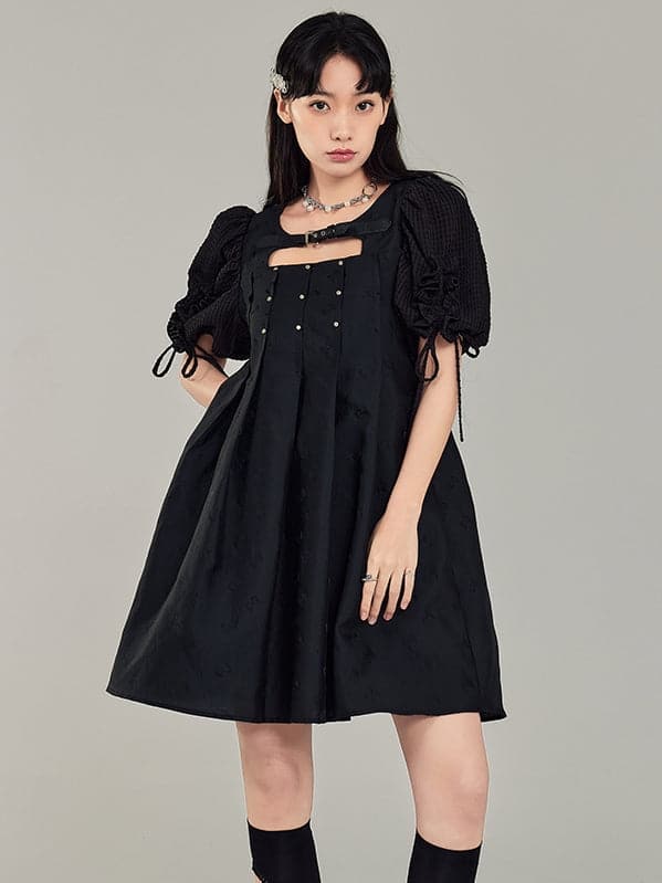 Black Leather Rivet Buckle Dress - chiclara