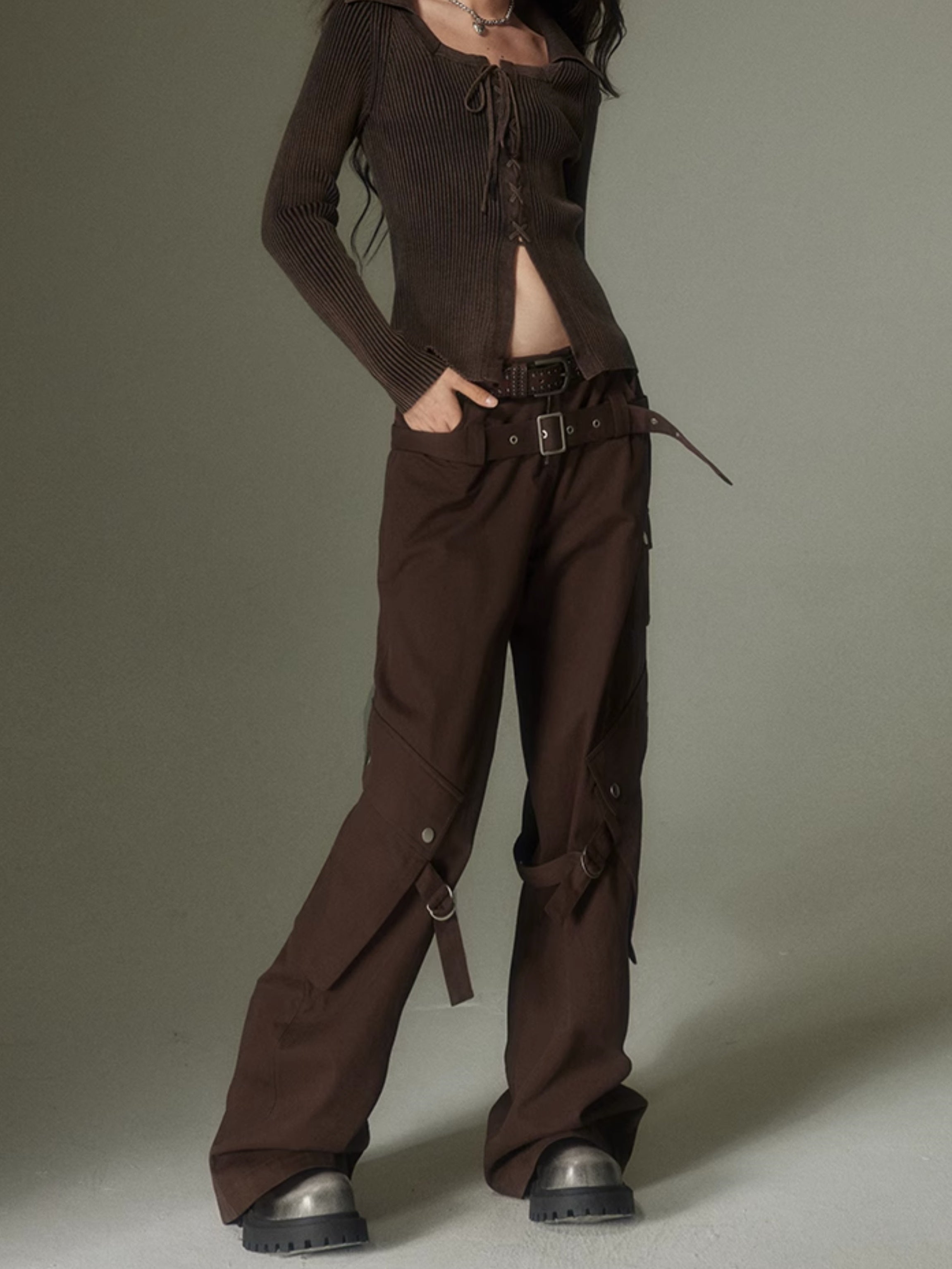 Wide Leg Double Belted Straight Fit Trousers - chiclara