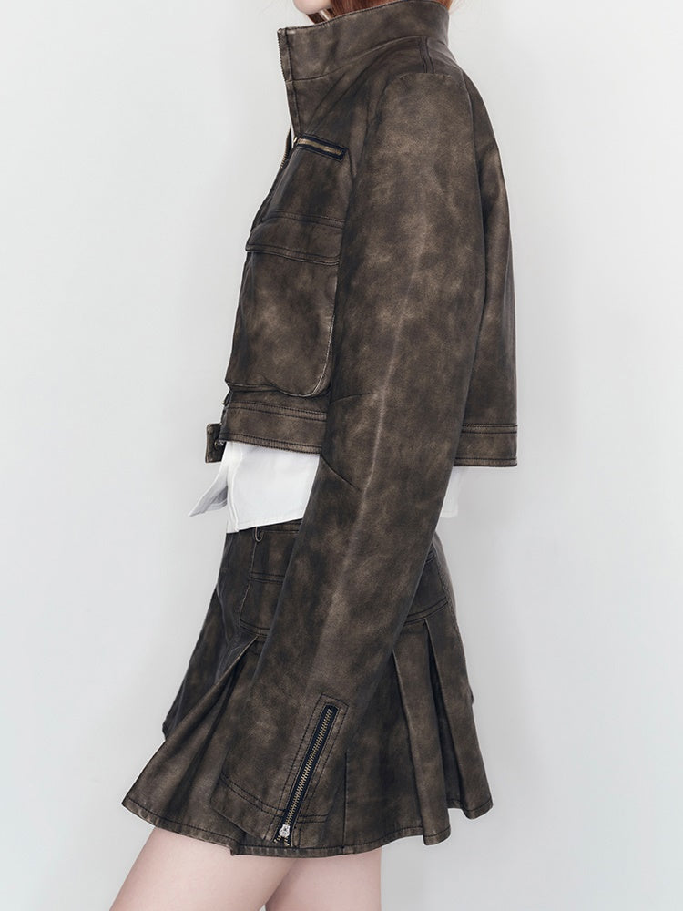 Elegant Pleated Faux Leather Skirt - chiclara