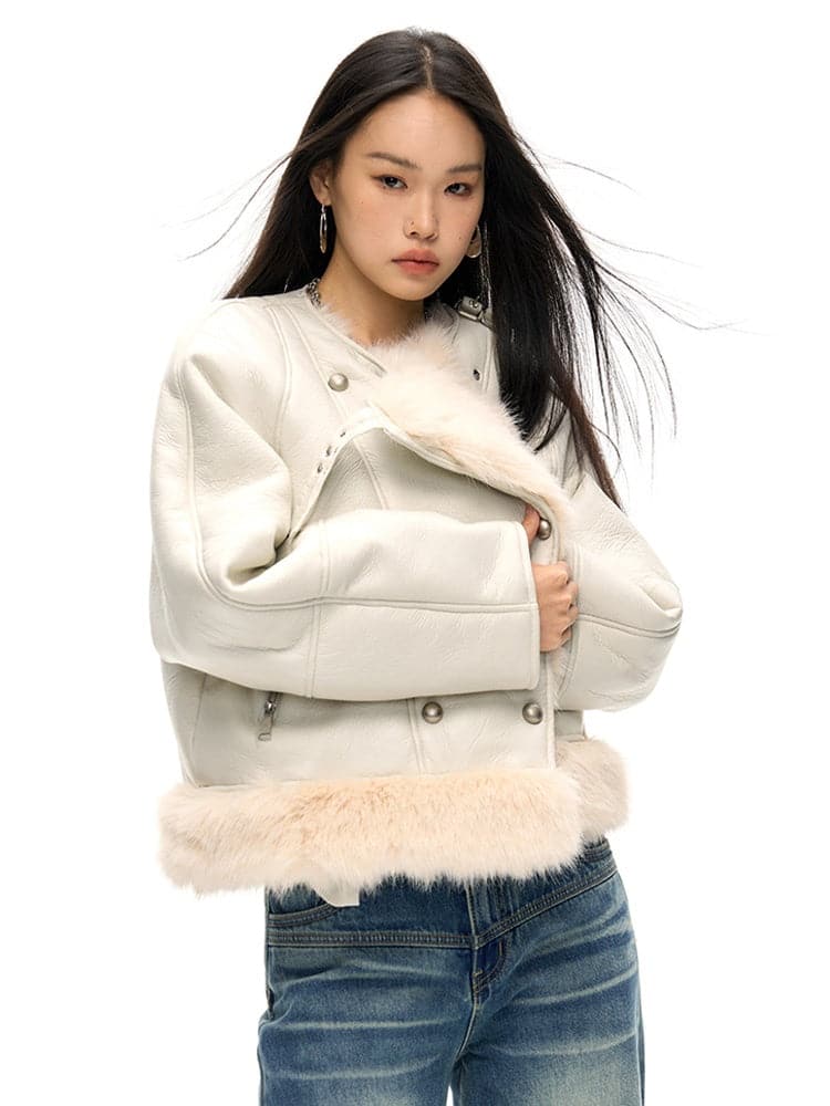 Large Lapel Eco-Friendly Fur Leather Jacket - chiclara