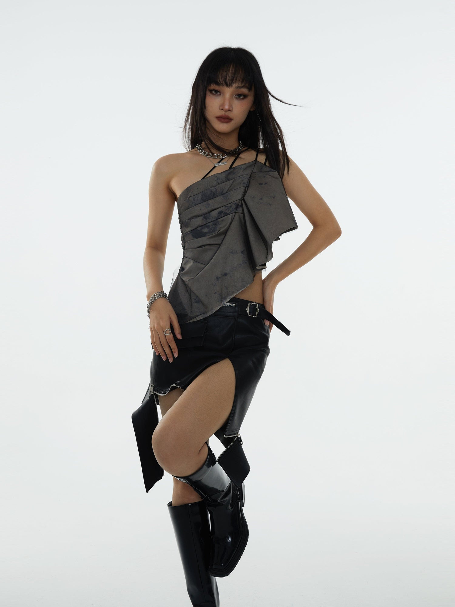 Asymmetric Draped Plaid Peplum Camisole