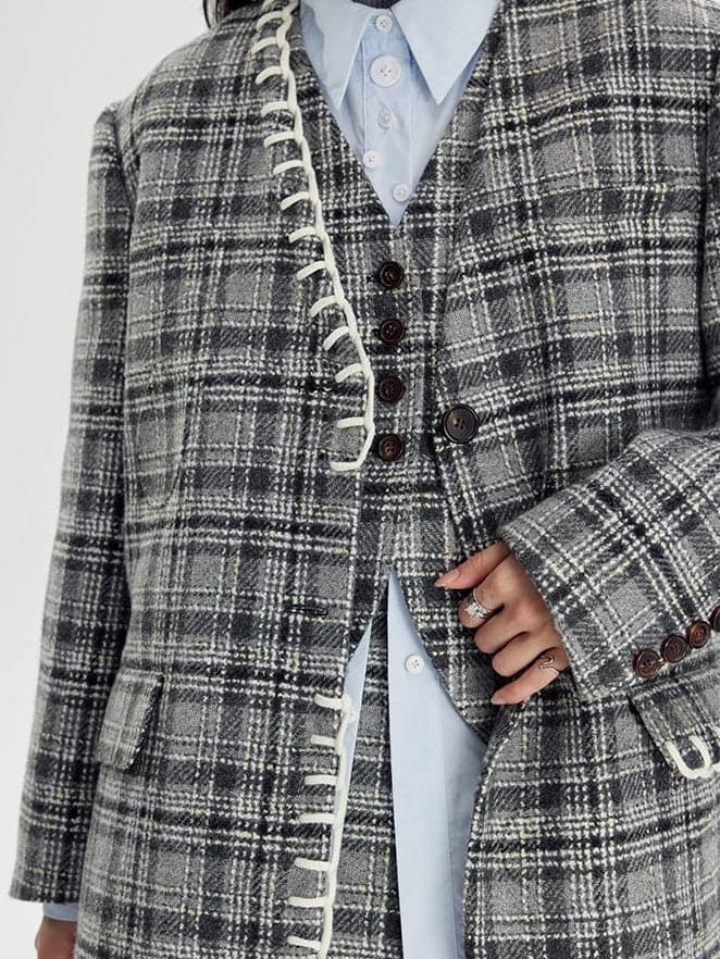 Chic Plaid Trio: Collarless Jacket, Vest & Pleated Skirt - chiclara