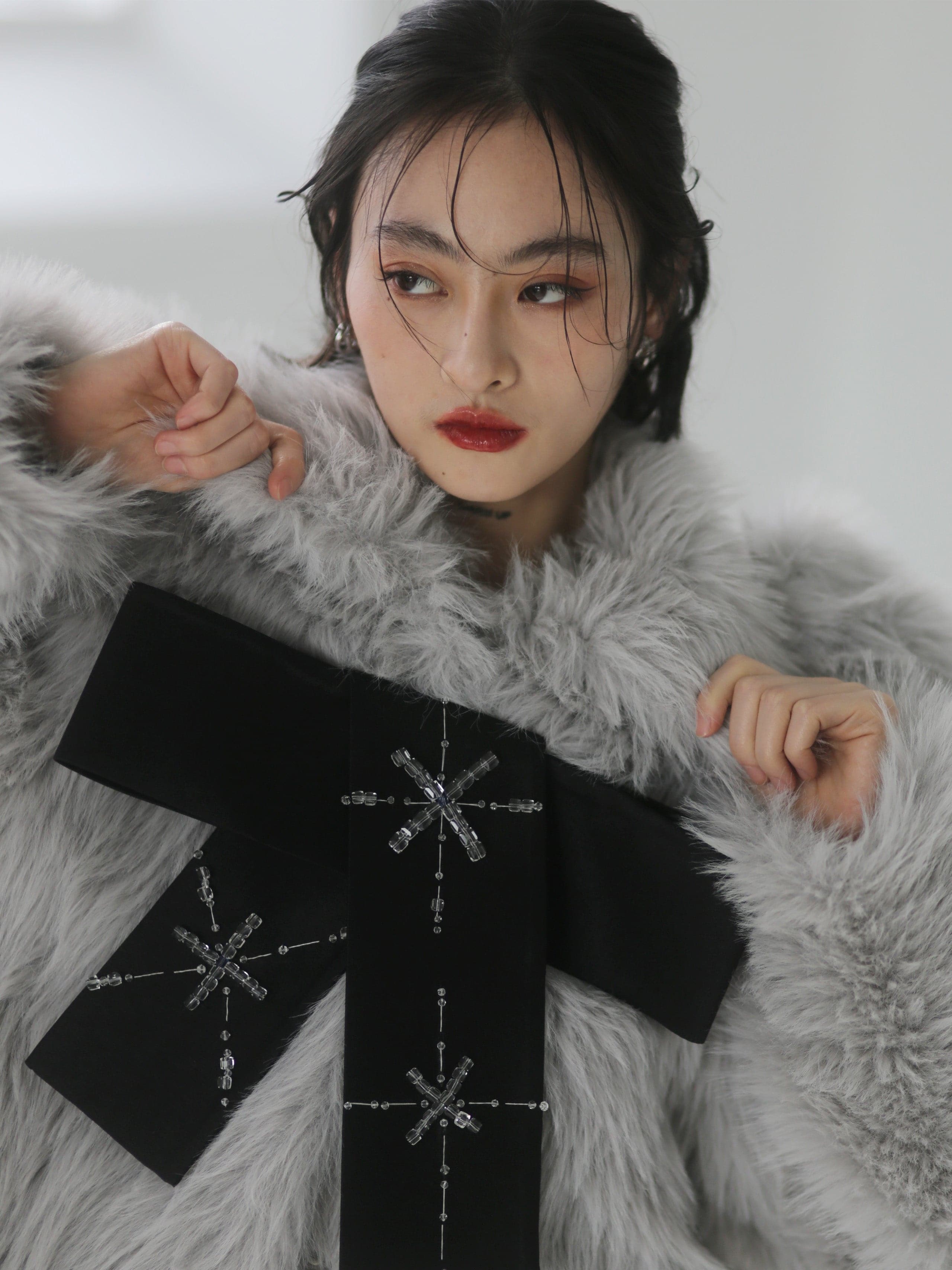 Luxury Handcrafted Faux Fur Coat With Beaded Bow Detail - chiclara