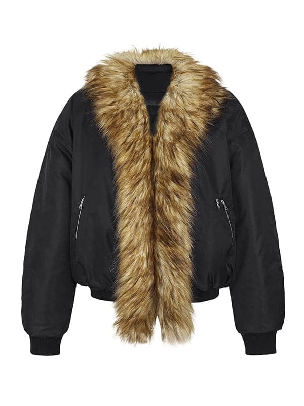 Big Fur Collar Wide Flight Jacket - chiclara