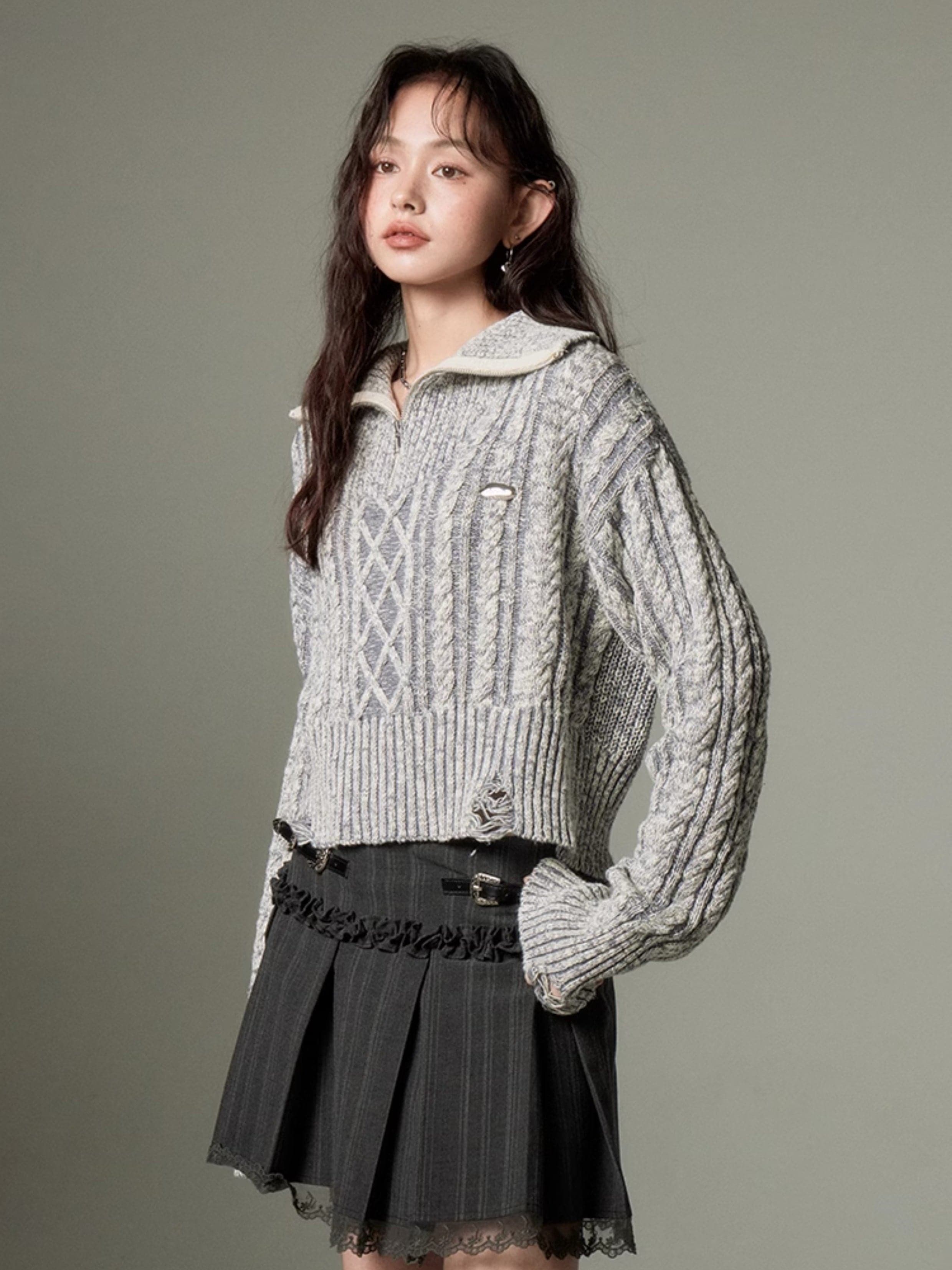 High Collar Half-Zip Knit Sweater - chiclara