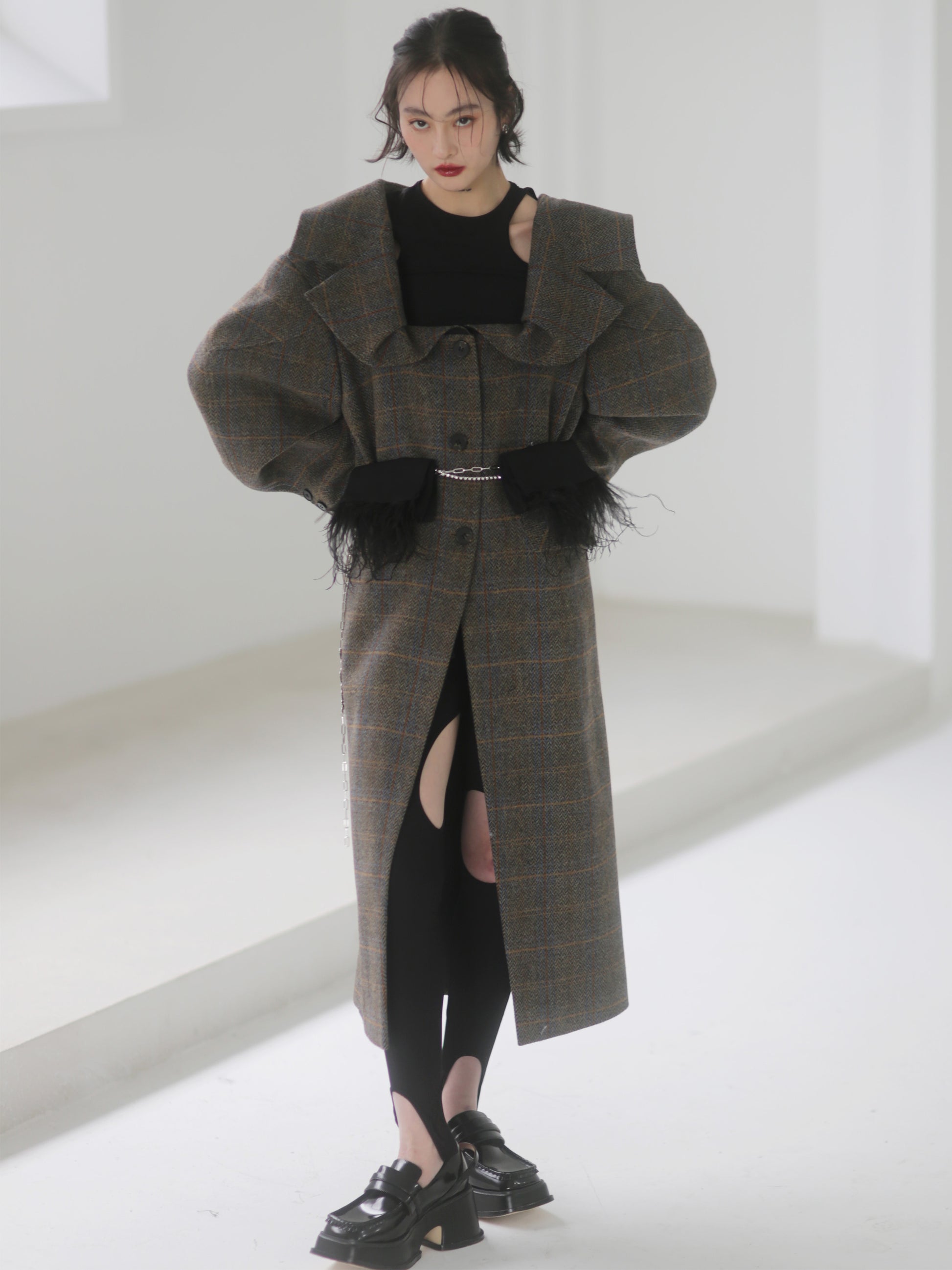Plaid Wool Long Coat With 3D Generous Collar - chiclara