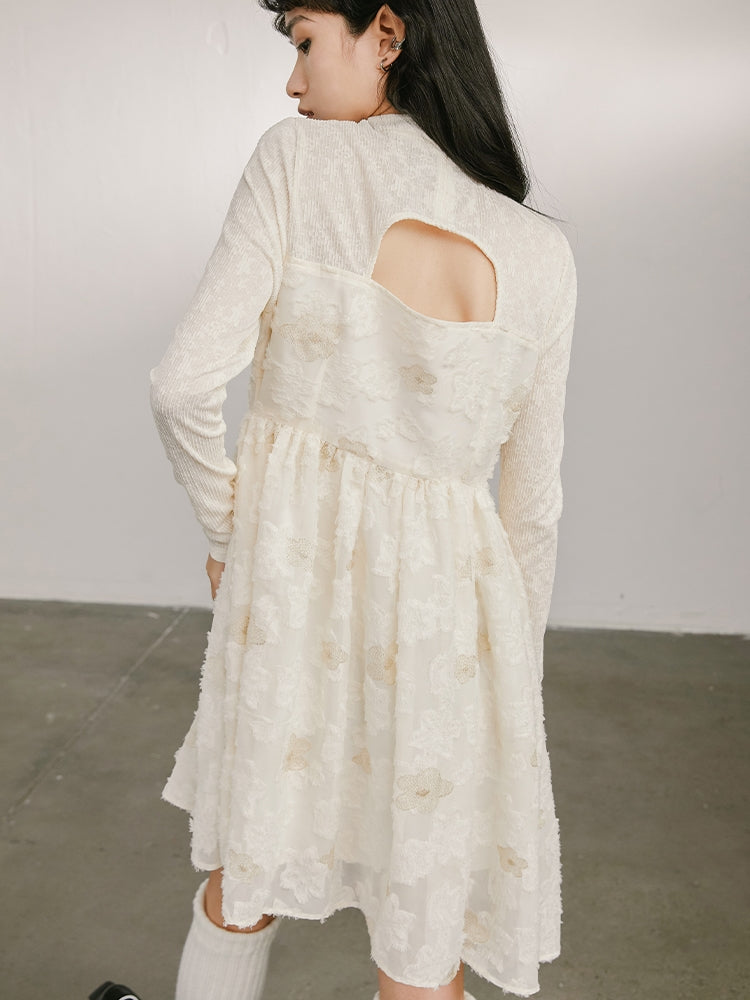 Off-The-Shoulder Long-Sleeved Hollow Dress - chiclara